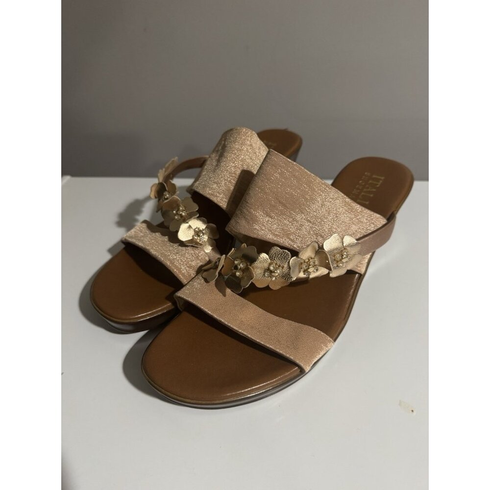 Italian Shoemakers Sandals Womens Size 10 Peach Slip On Wedge Heel Floral Bead - Picture 4 of 7